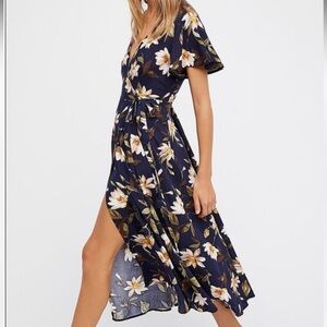 Free People Lennon Navy Floral Midi Wrap Dress